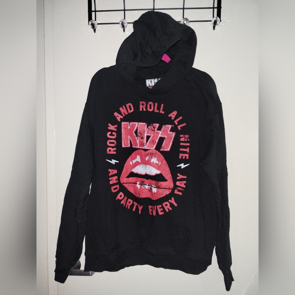 Kiss Kids Black Hoodie with Red Lips Graphic
